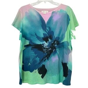 Coldwater Creek Floral Tunic Top XL Pink Teal Green V Neck Artsy Boho Resort